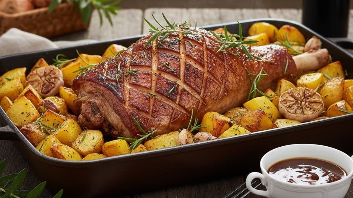 Pečeni svinjski but u rerni sa krompirom i čubrom