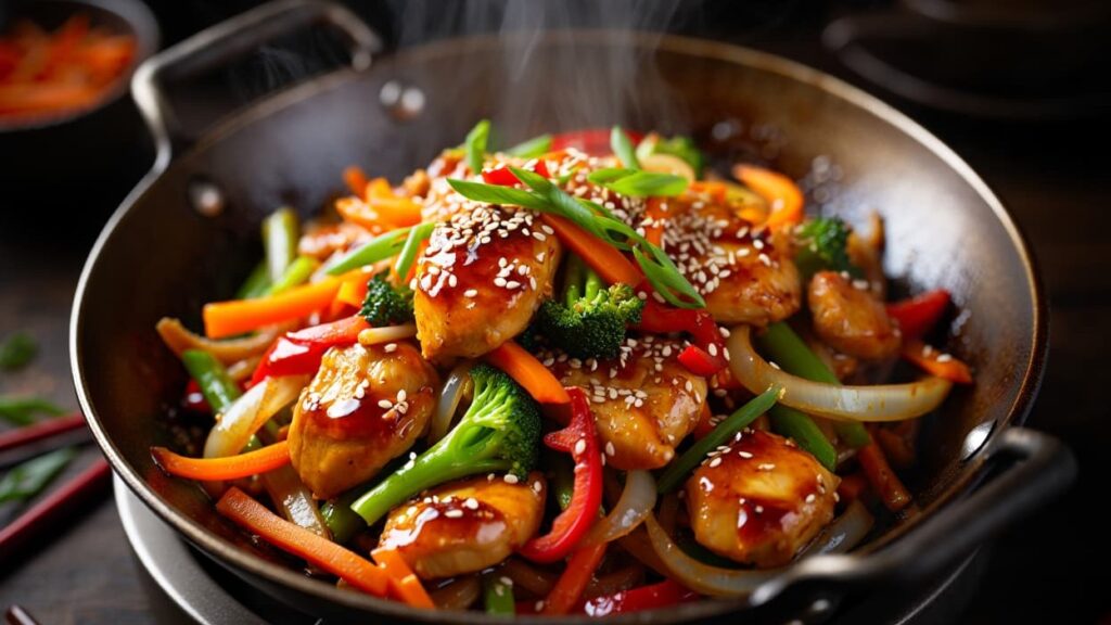 Brzi pileći teriyaki u tiganju sa povrćem i sosom