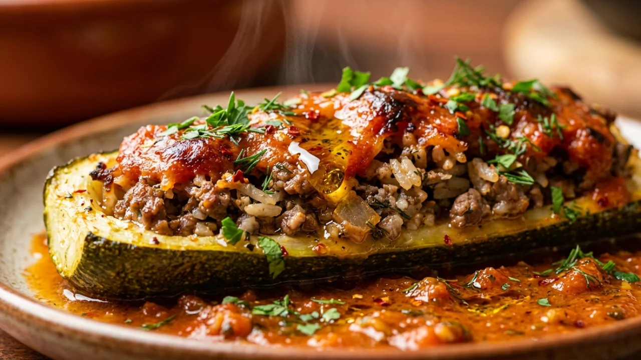 Punjena tikvica sa mlevenim mesom i rižom u sosu od paradajza | Vrhunski recept