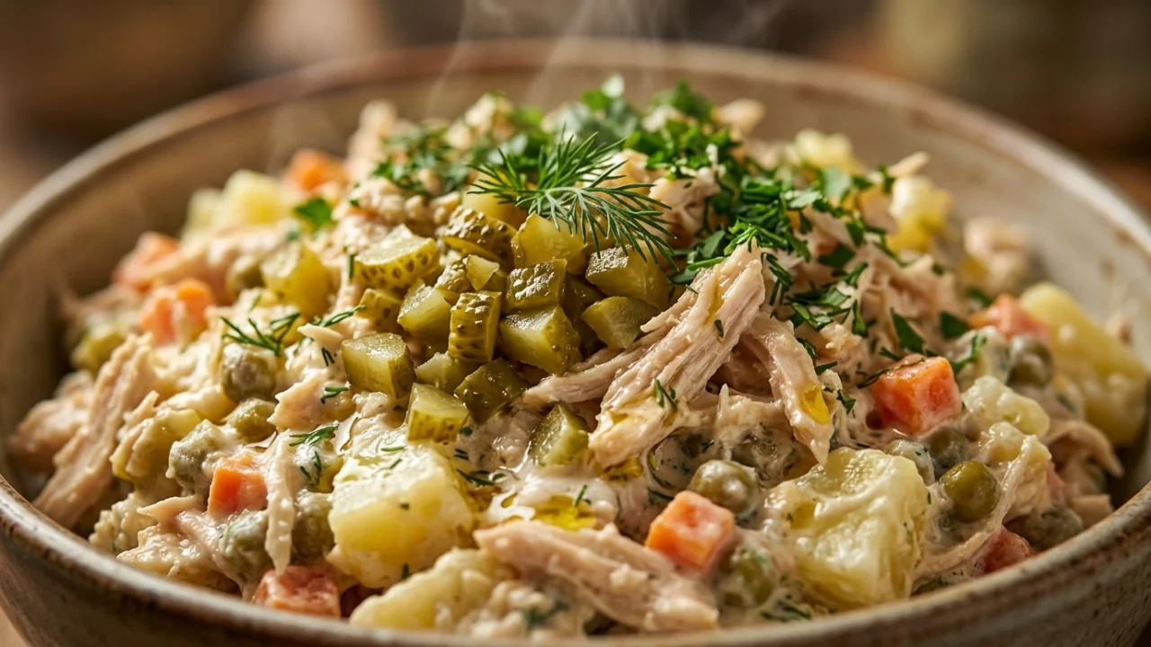 Slavska salata sa piletinom, kornišonima i jogurt prelivom | Savršen recept za sve prilike