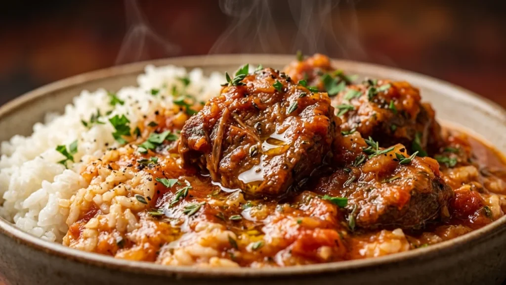 Sočna teleća karaba dinstana u paradajz sosu sa pirinčem | Recept i tehnika