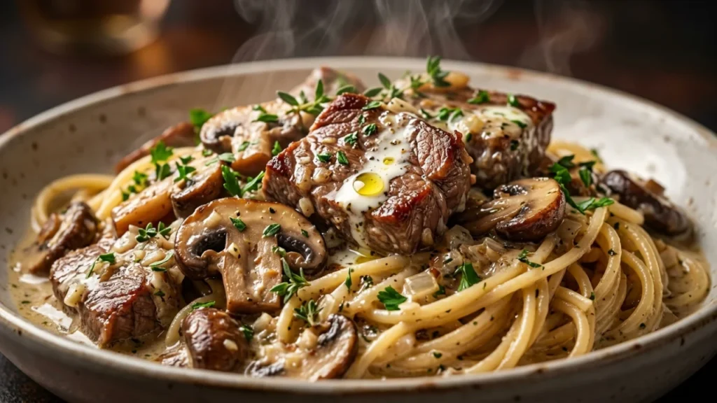 Juneći odrezak u belom sosu sa gljivama i špagetima | Vrhunski recept