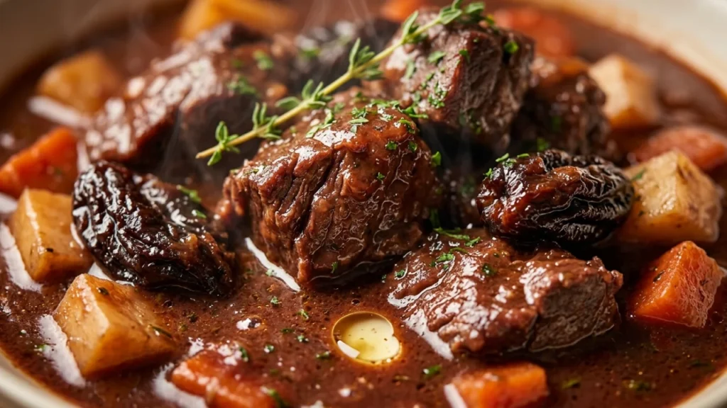 Meso u sosu od crnog vina sa suvim šljivama i korenjem | Vrhunski recept