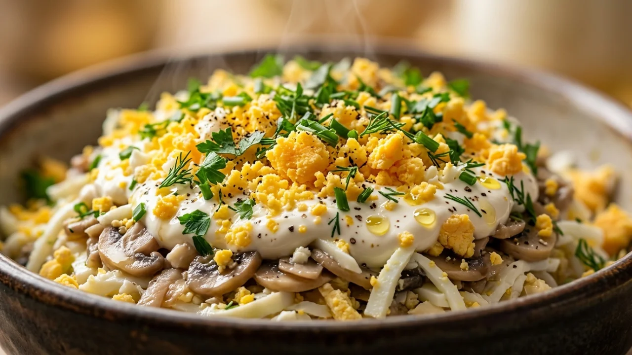 Mimoza salata sa kuvanim šampinjonima, jajima i pavlakom | Recept i tehnika