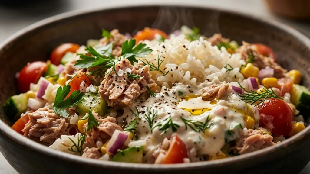 Obrok salata sa tunjevinom, rižom i jogurt prelivom | Recept za savršen obrok