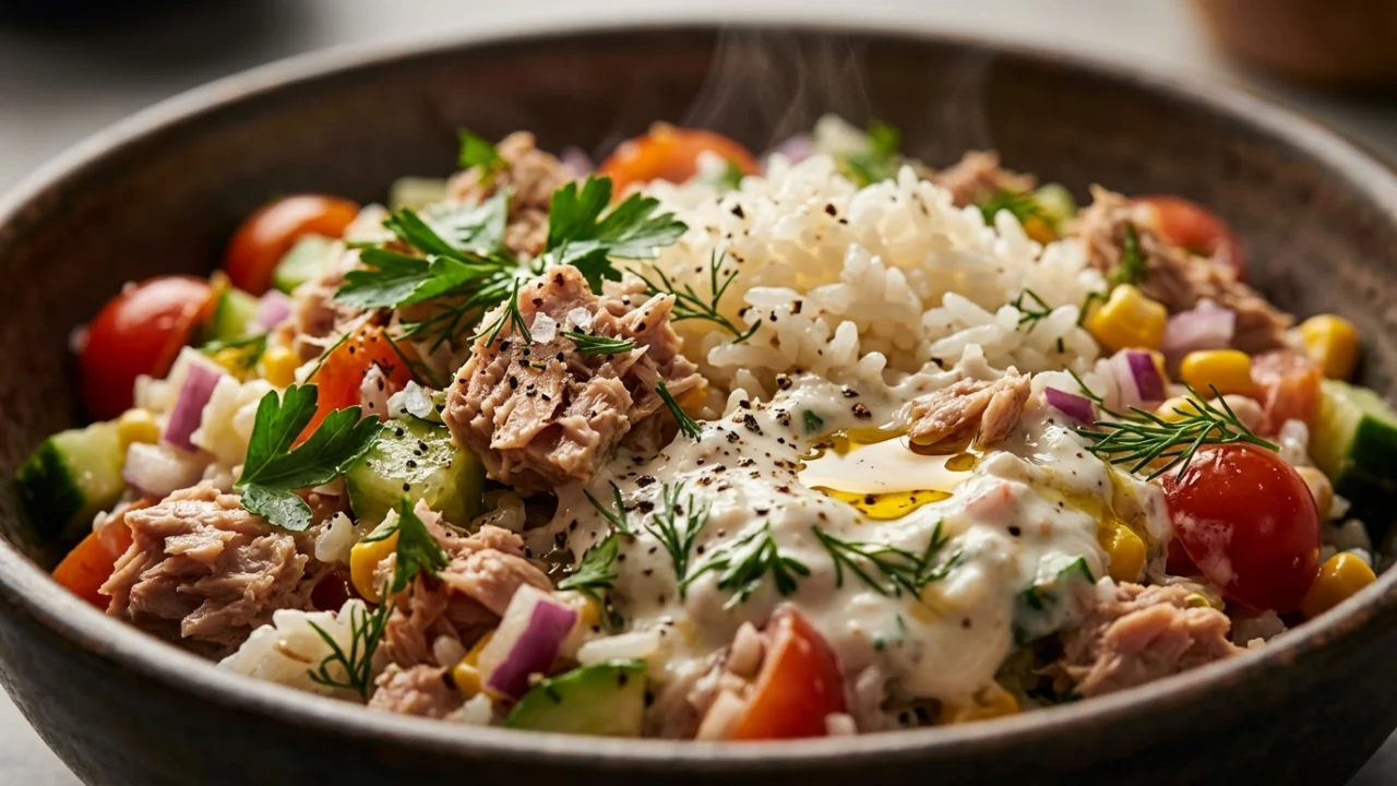 Obrok salata sa tunjevinom, rižom i jogurt prelivom | Recept za savršen obrok