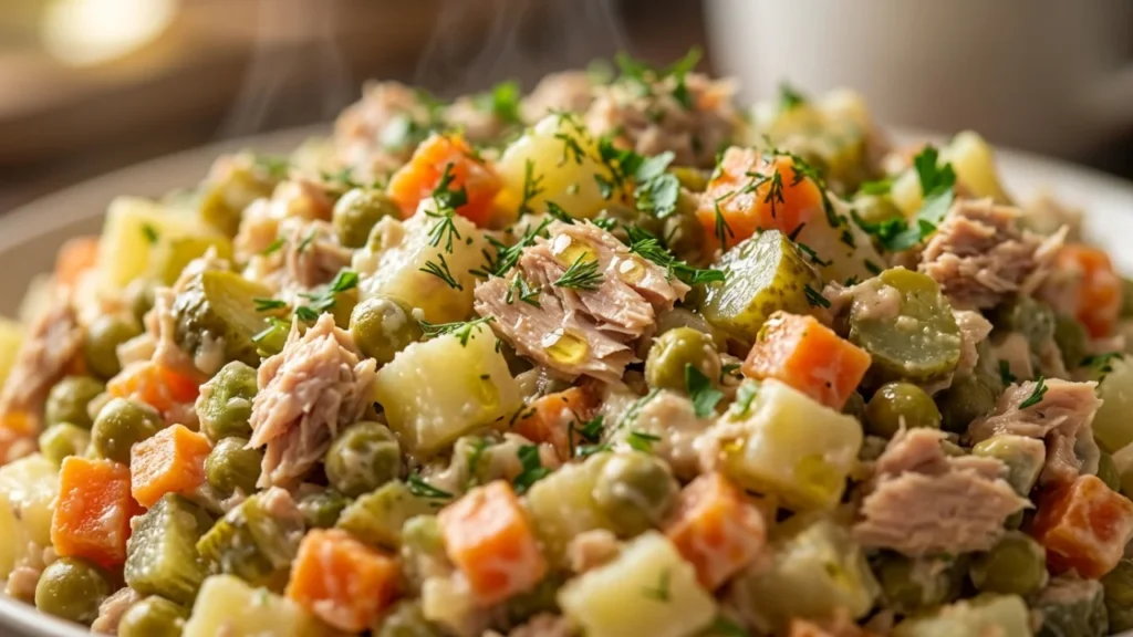 Posna ruska salata sa tunjevinom i kućnim majonezom na sojinoj bazi | Recept i tehnika