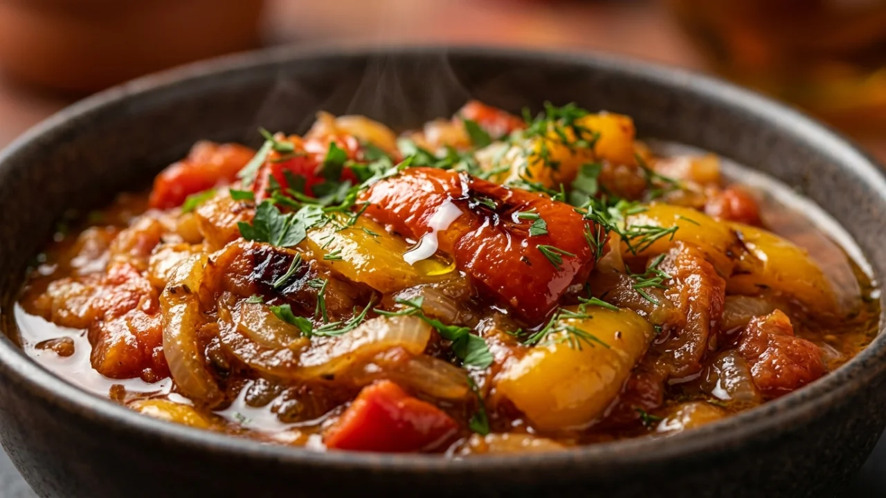Posni sataraš sa pečenim paprikama i lukom | Recept i tehnika