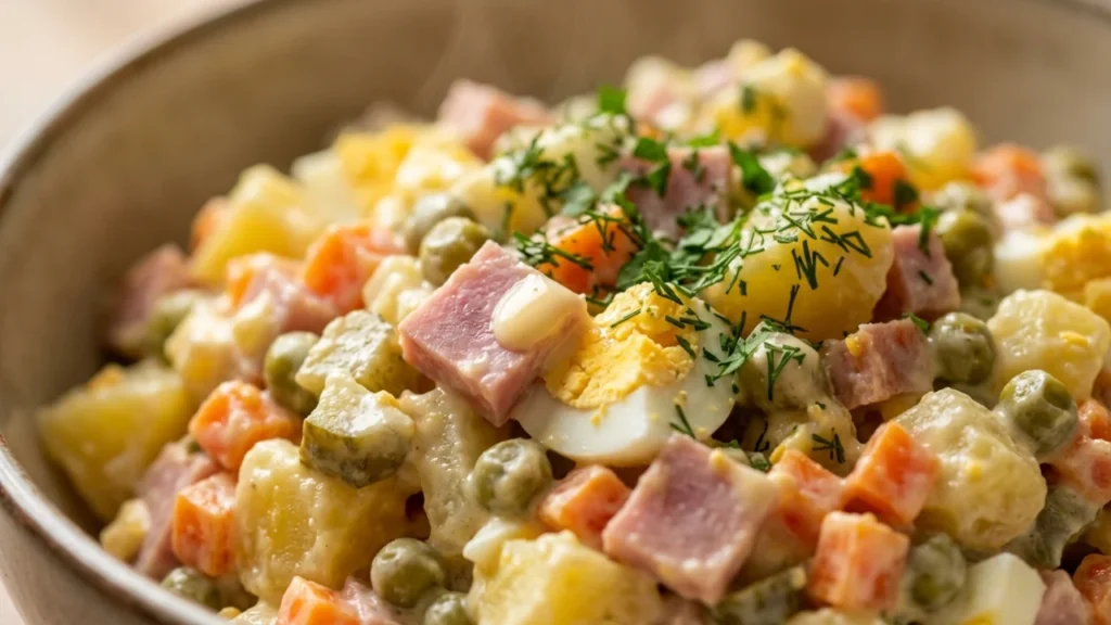 Ruska salata sa jajima i šunkoflekom: Recept, tehnika i gastronomska istorija | Vrhunski vodič