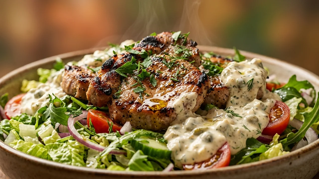 Salata za roštilj sa grilovanom svinjetinom i tartar sosom | Recept za vrhunsku salatu
