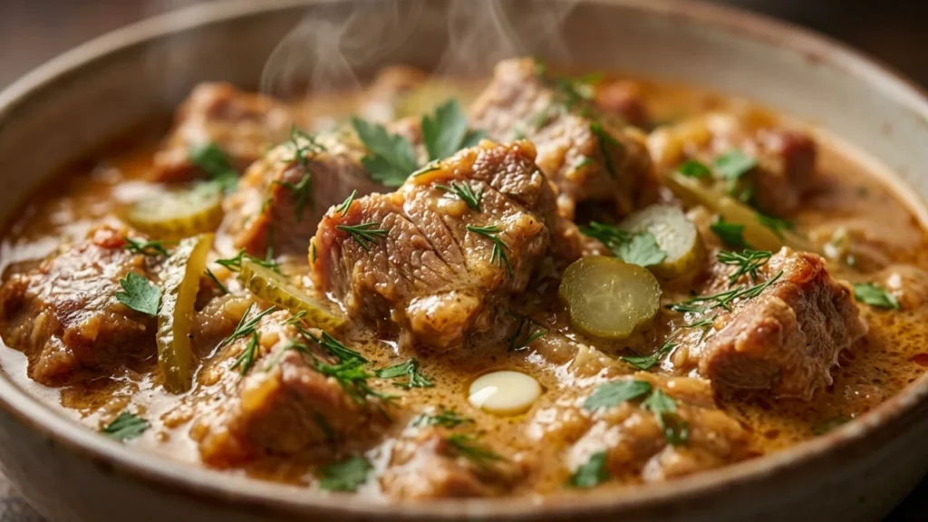 Teletina dinstana sa kiselim krastavcima i pavlakom | Vrhunski recept i tehnika