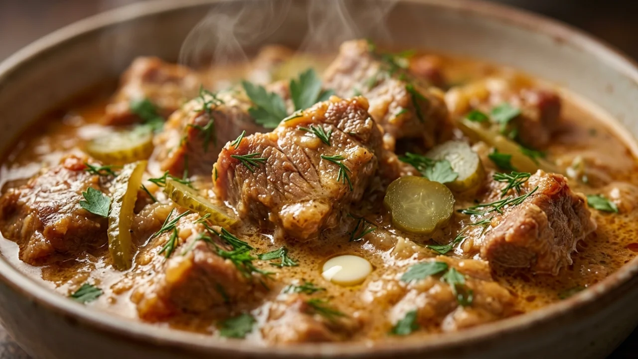 Teletina dinstana sa kiselim krastavcima i pavlakom | Vrhunski recept i tehnika